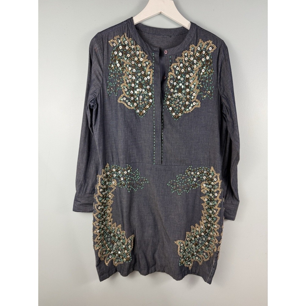 Antik Batik Beaded Alice Djellabah Chambray Shirt Dress Sz 40 M 8 Boho Western